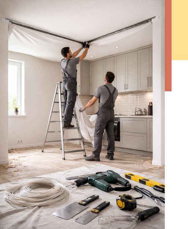 Установка натяжного потолка на кухне в Москве от 2571 руб. | ОТДЕЛОЧНИКМск