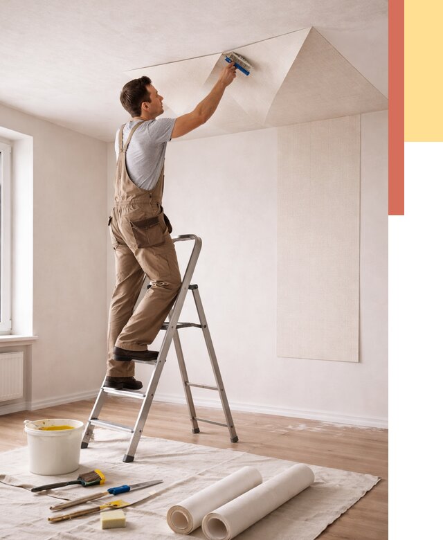 Поклейка обоев на потолок в Москве от 4820 руб. быстро и недорого | ОТДЕЛОЧНИКМск